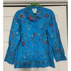 The Quacker Factory Aqua Blue Embroidered And Beaded Floral & Butterfly Jacket M